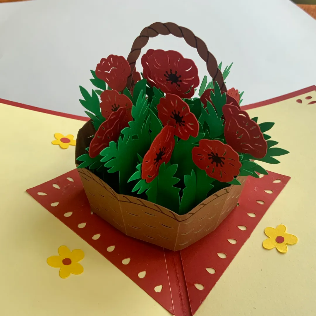 handmade birthday card with pop-up basket of flowers