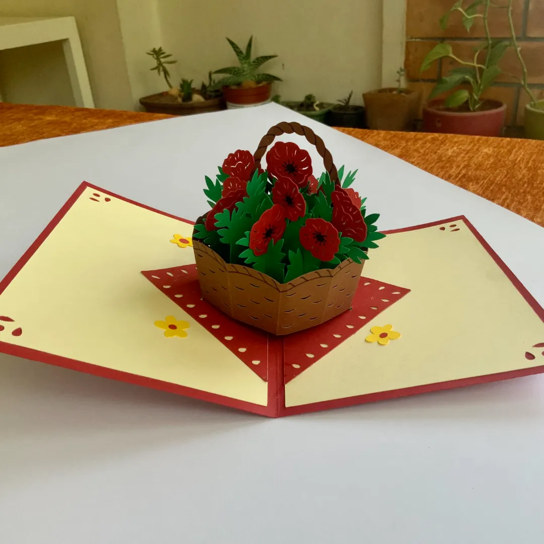 handmade birthday card with pop-up basket of flowers