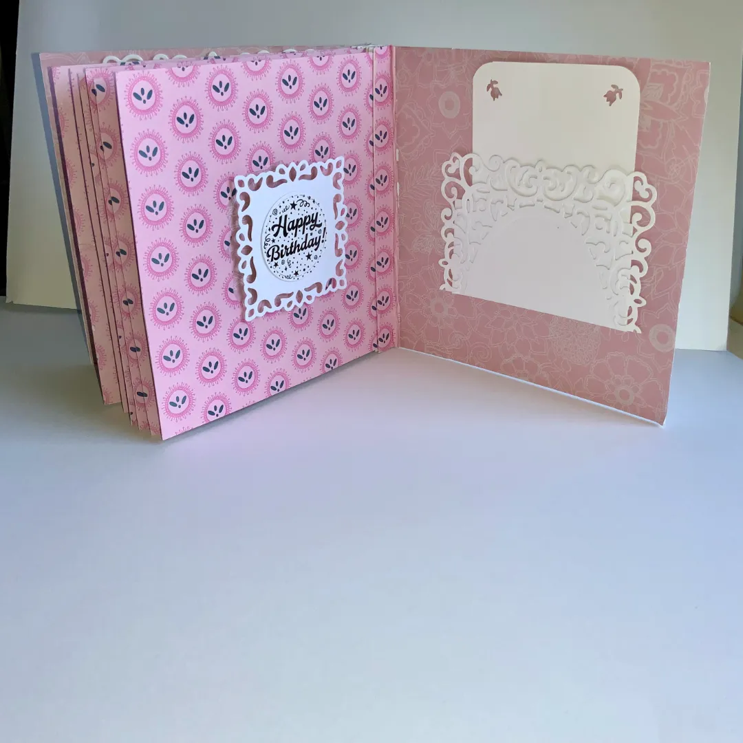 handmade birthday card with tunnel book technique and intricate cut embellishments