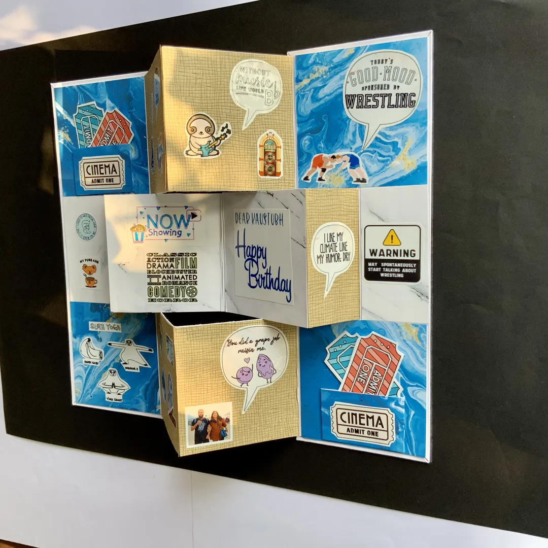 handmade birthday card with multiple folds, elements
