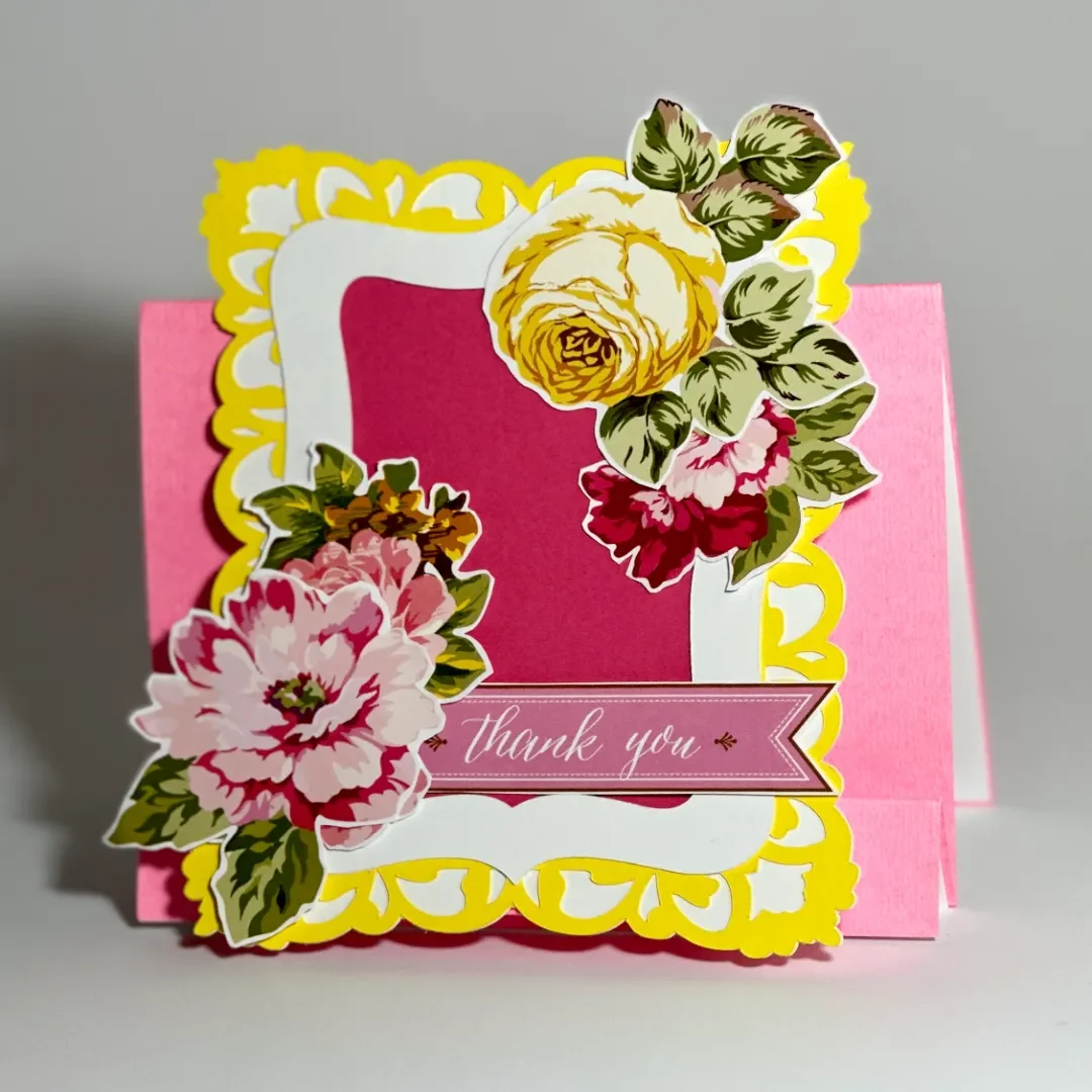 Thank you card with intricate cut, layered, frame, flowers make it pop-up