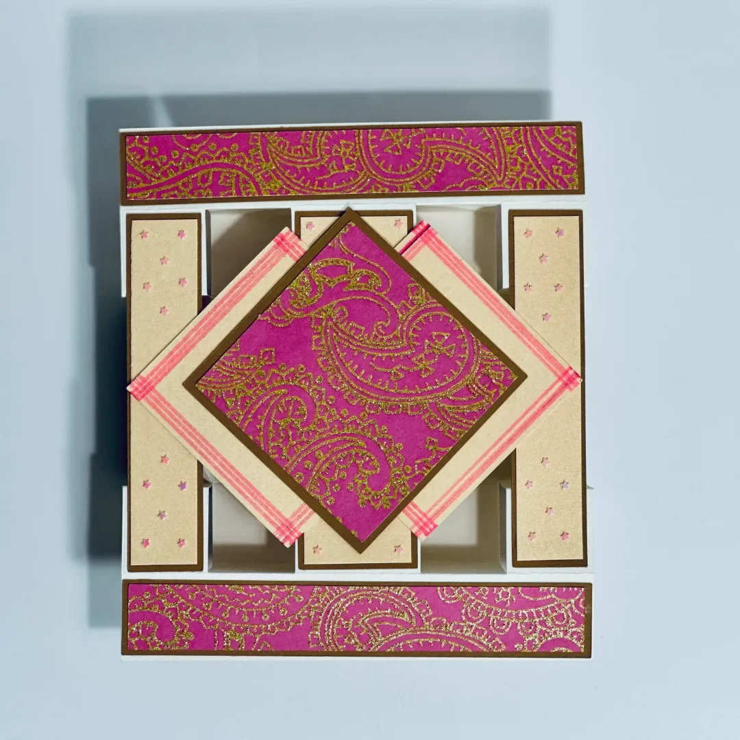 handmade diwali card in a fancy fold diamond tower card with multiple layers of patterned card and embellishments